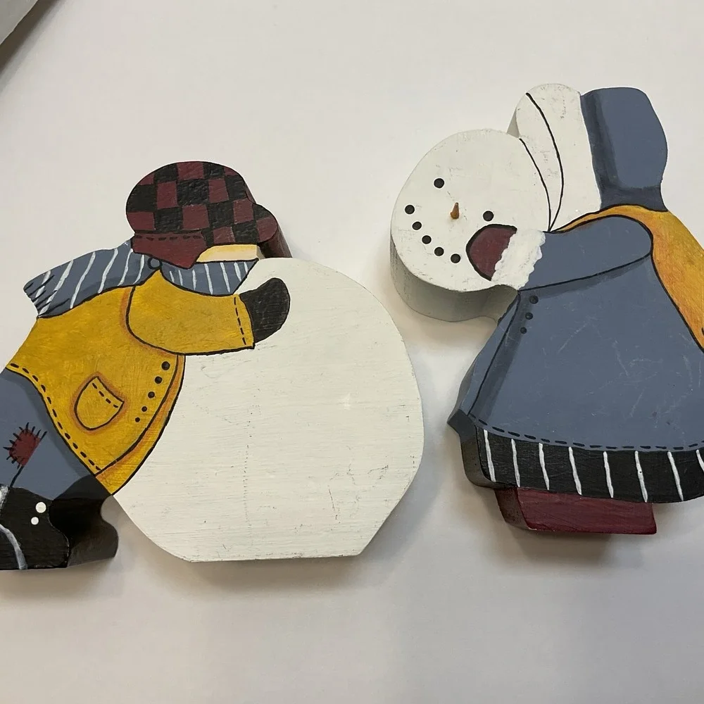 Vintage Christmas‎ Handmade Wooden Folk Art Kids Building Snowman & Pulling Tree